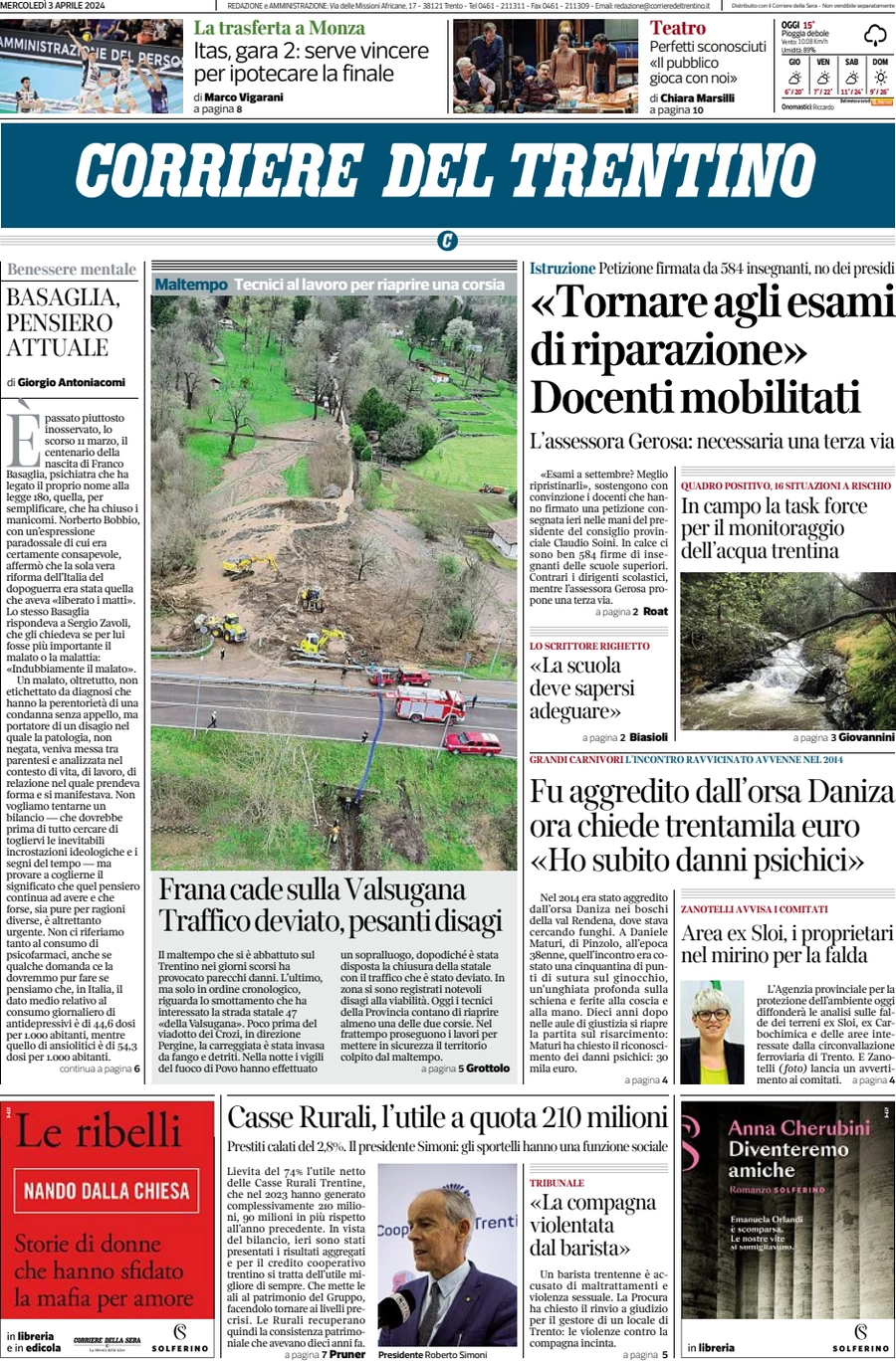 prima pagina - Corriere del Trentino del 03/04/2024