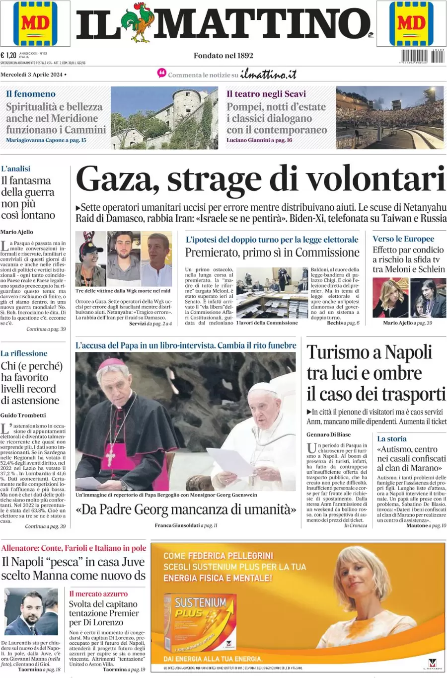 anteprima della prima pagina di il-mattino del 03/04/2024