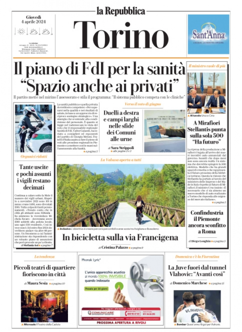 prima pagina - La Repubblica (Torino) del 04/04/2024