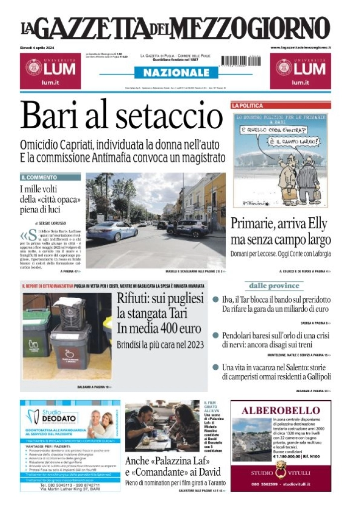 prima pagina - La Gazzetta del Mezzogiorno (Bari) del 04/04/2024