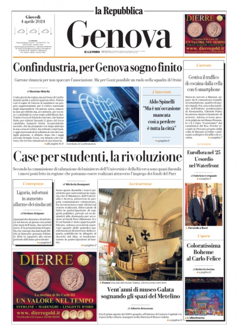 prima pagina - La Repubblica (Genova) del 04/04/2024