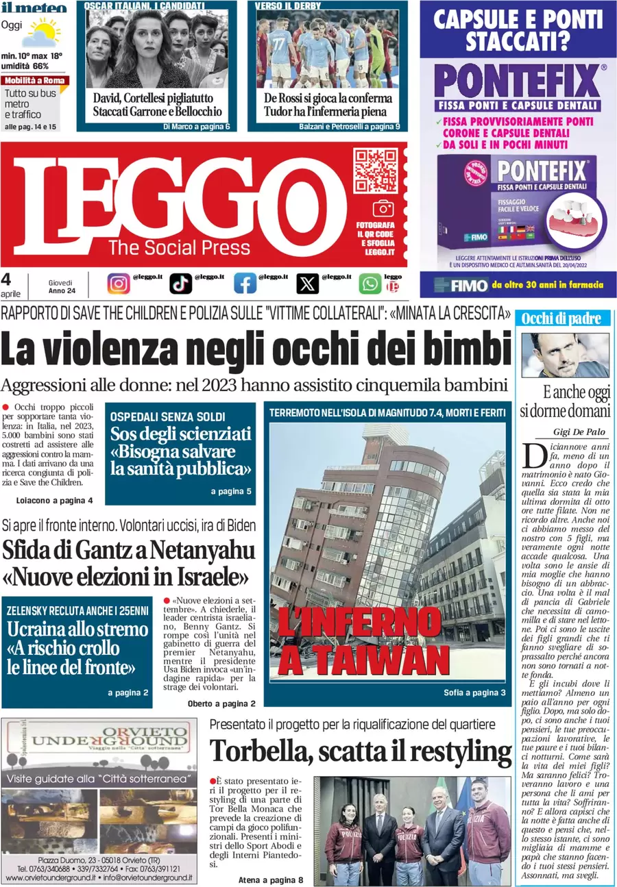 anteprima della prima pagina di leggo-roma del 04/04/2024