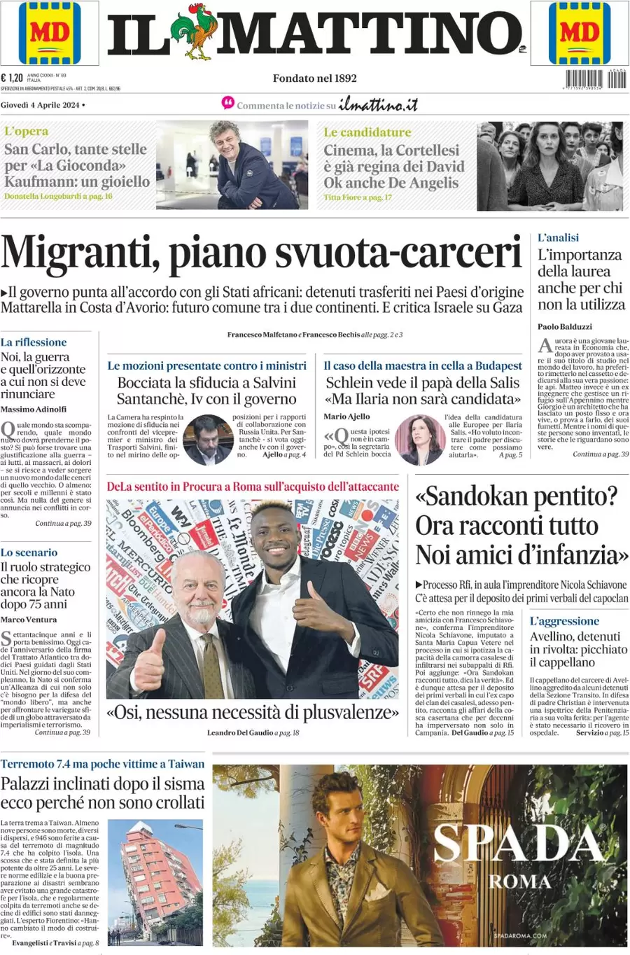 prima pagina - Il Mattino del 04/04/2024