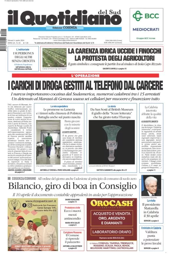 prima pagina - Il Quotidiano del Sud (Cosenza) del 04/04/2024