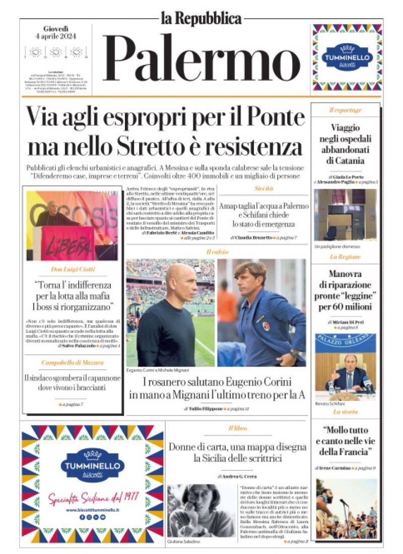 prima pagina - La Repubblica (Palermo) del 04/04/2024