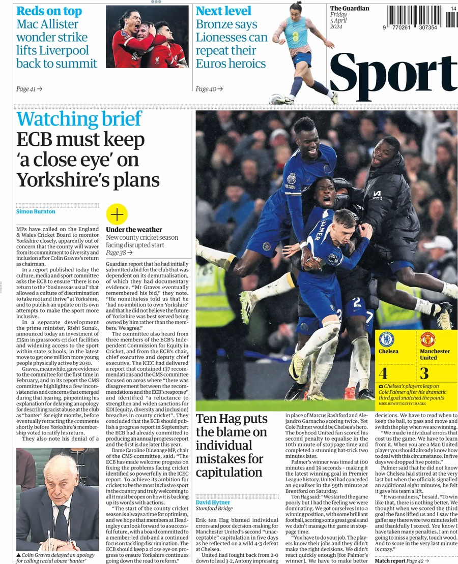 prima pagina - The Guardian SPORT del 05/04/2024