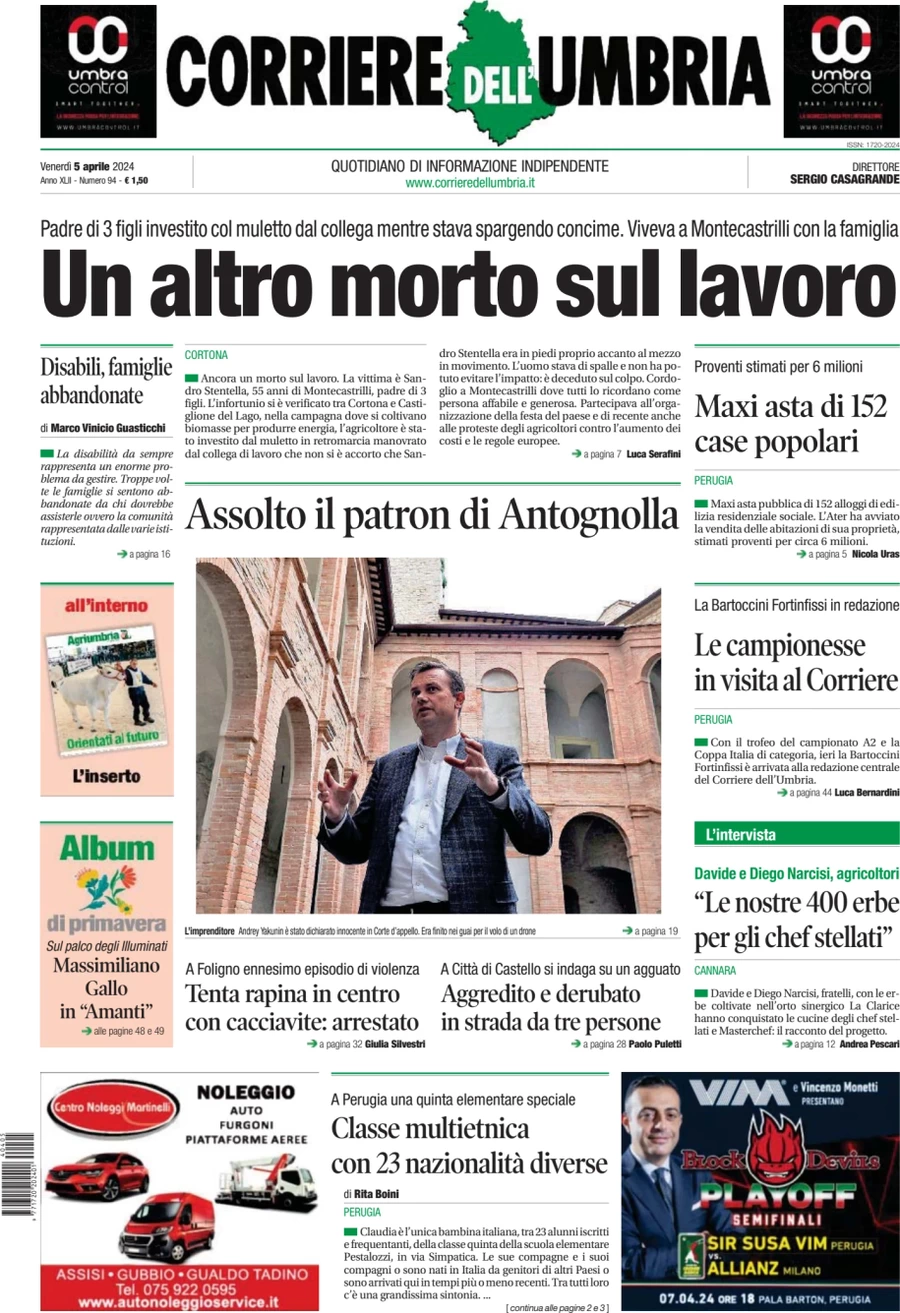 prima pagina - Corriere dell'Umbria del 05/04/2024