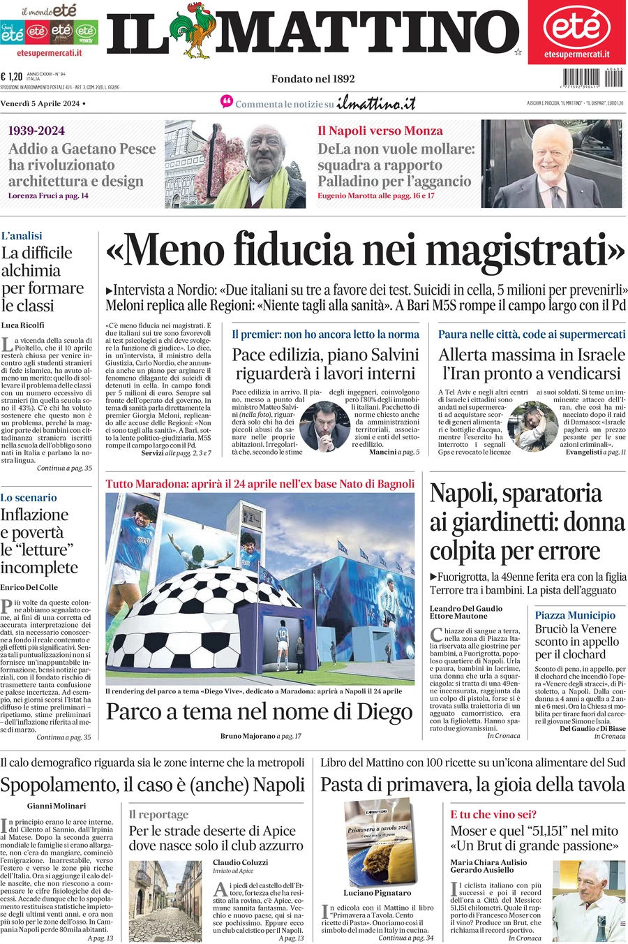 anteprima della prima pagina di il-mattino del 05/04/2024