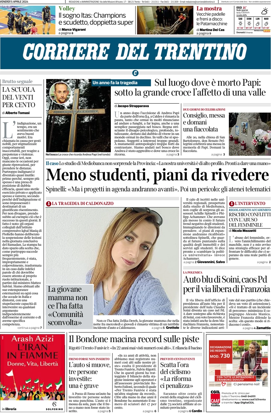 prima pagina - Corriere del Trentino del 05/04/2024