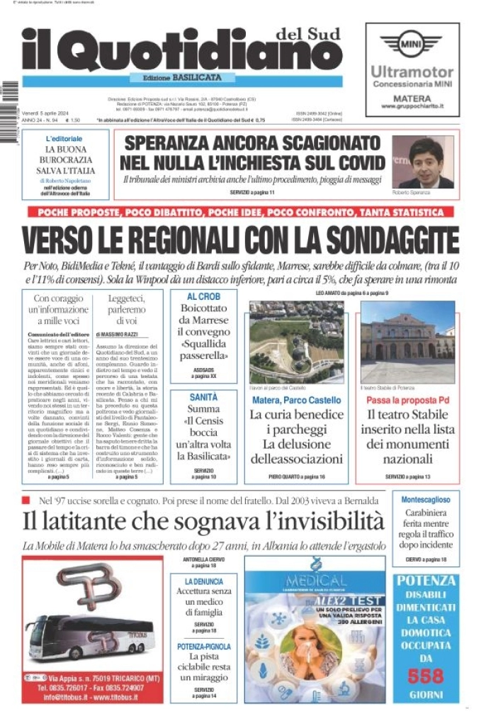 prima pagina - Il Quotidiano del Sud (Basilicata) del 05/04/2024