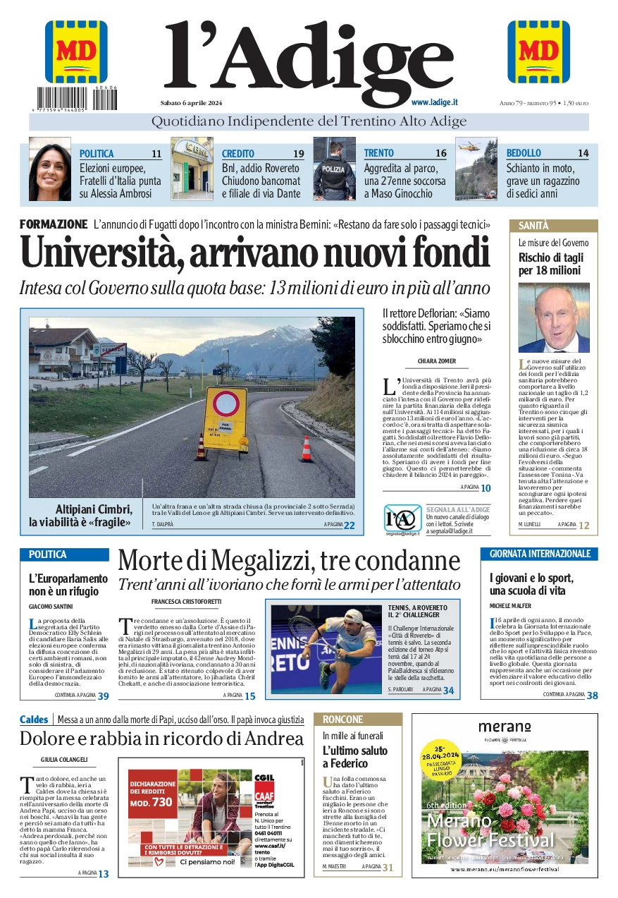 prima pagina - L'Adige del 06/04/2024