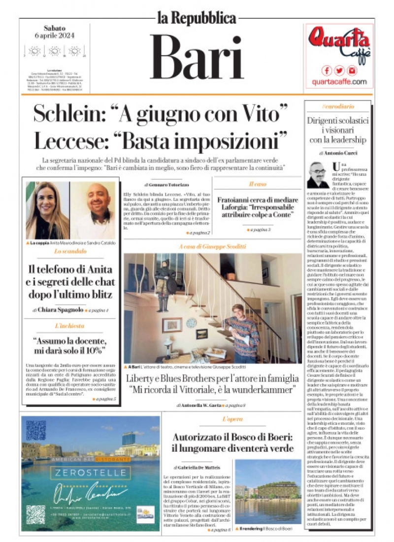 prima pagina - La Repubblica (Bari) del 06/04/2024