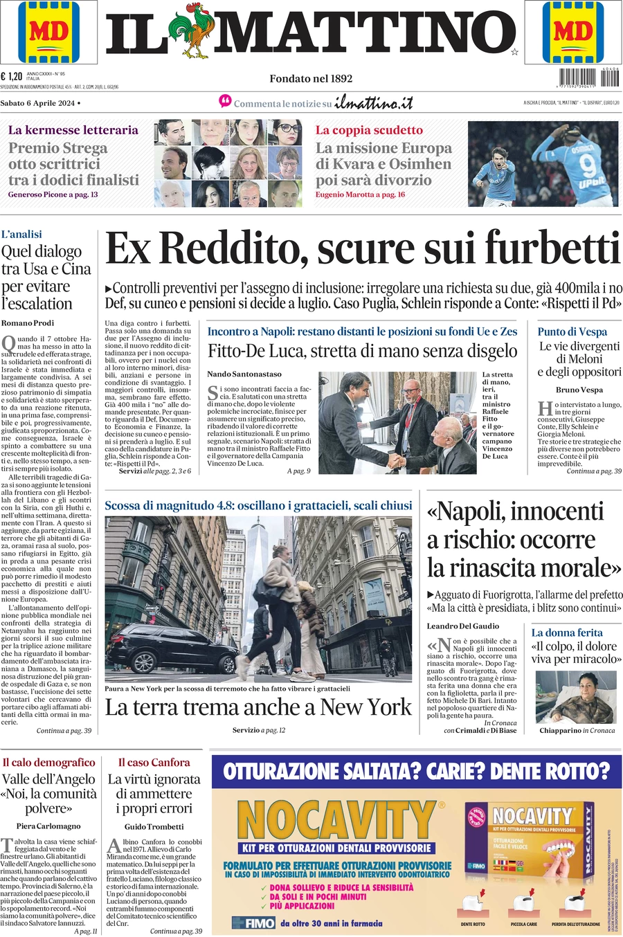 anteprima della prima pagina di il-mattino del 06/04/2024