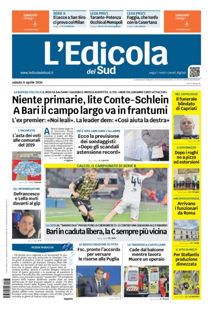 prima pagina - L'Edicola del Sud (Bari, Foggia, Basilicata) del 06/04/2024