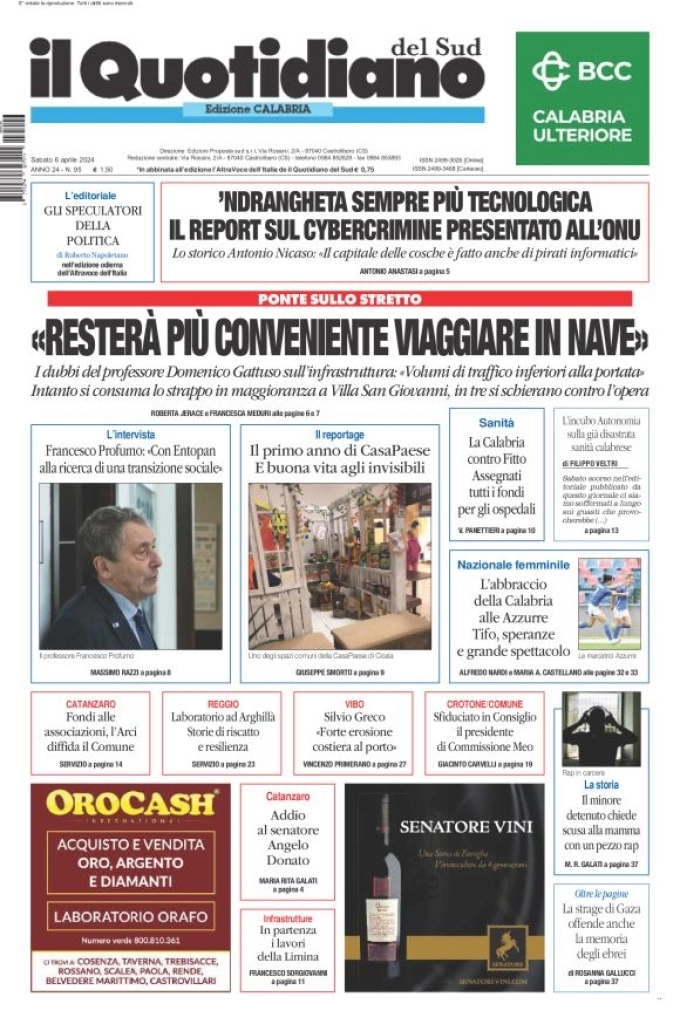 prima pagina - Il Quotidiano del Sud (Catanzaro) del 06/04/2024