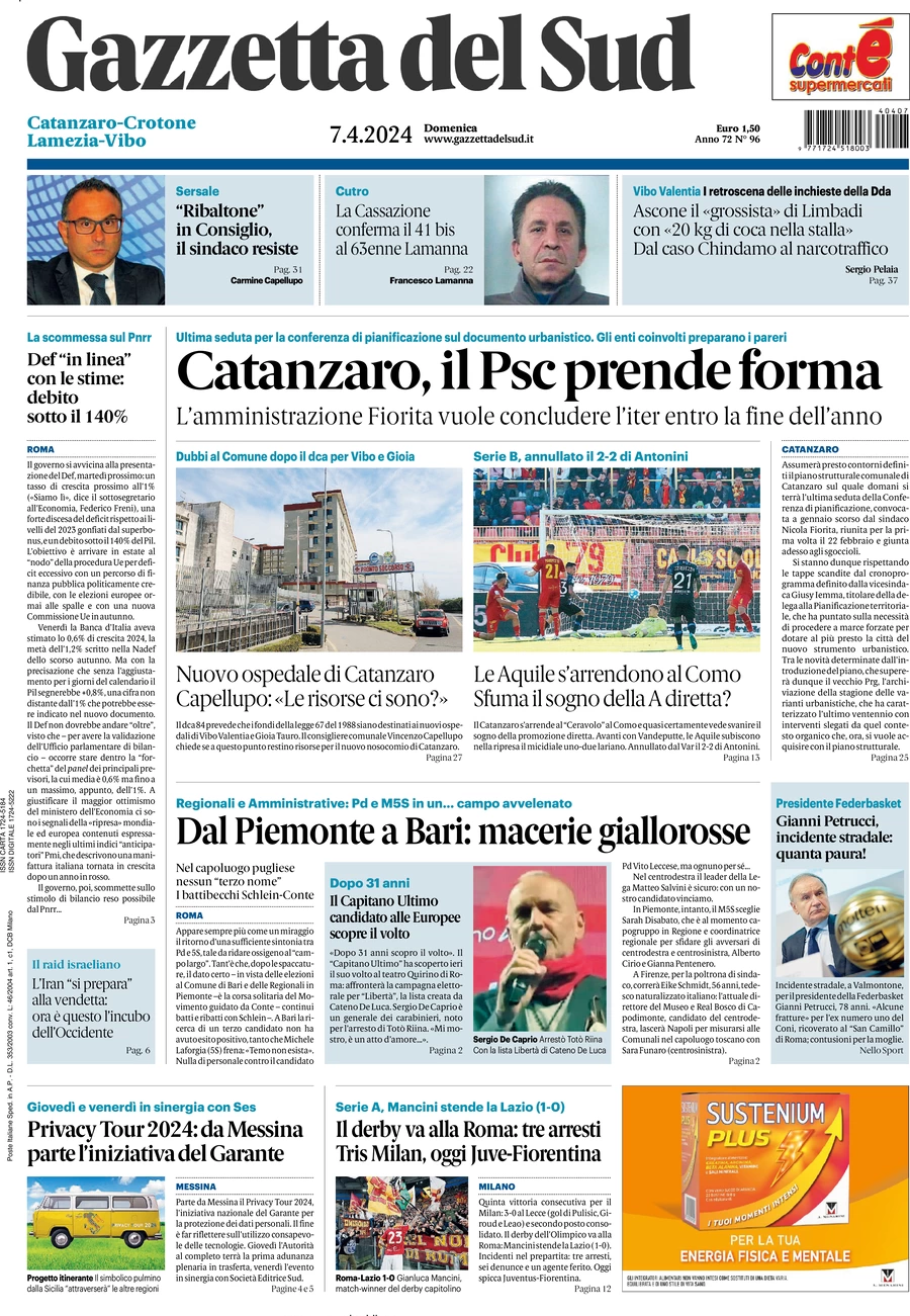 prima pagina - Gazzetta del Sud (Catanzaro) del 07/04/2024