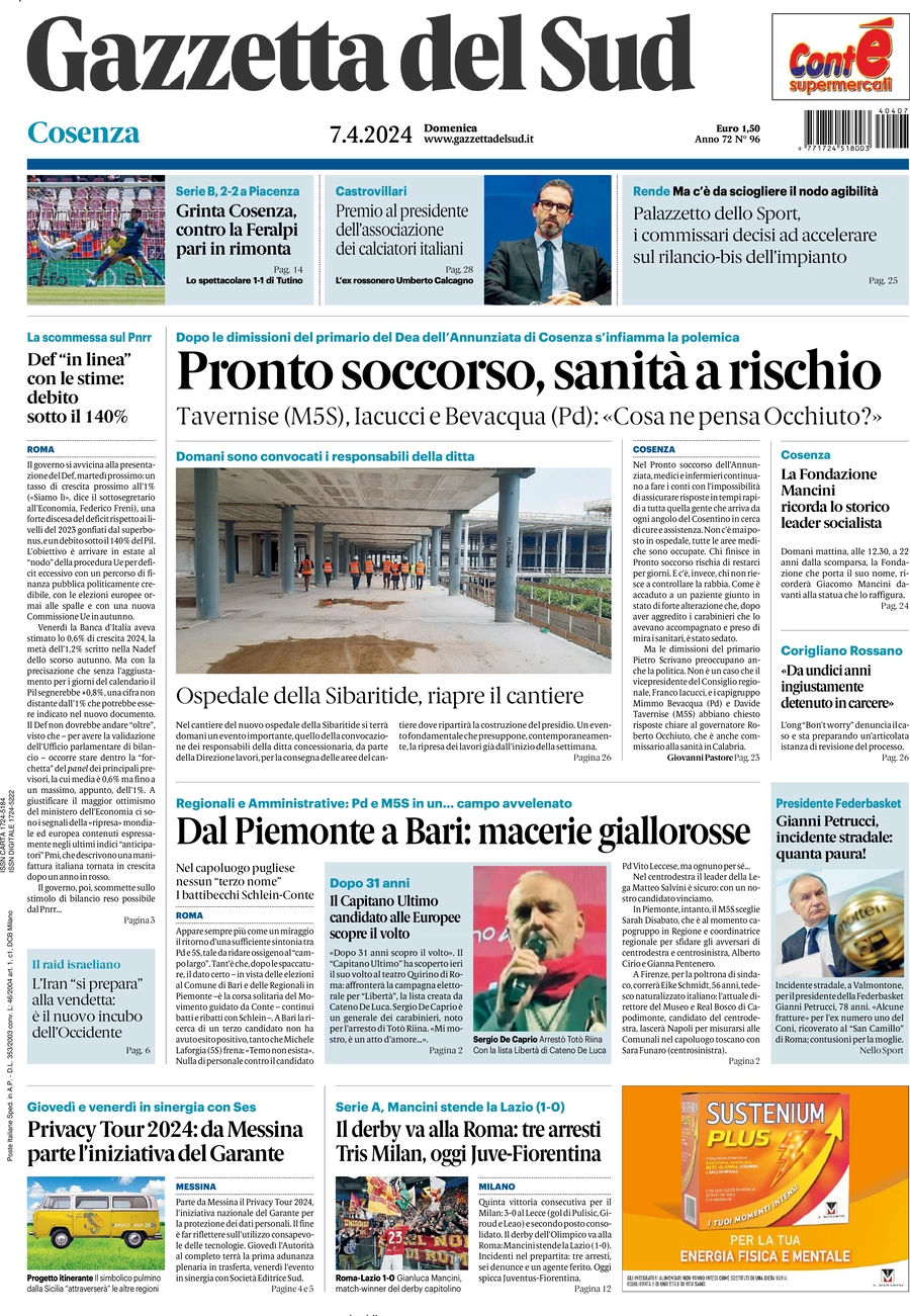 prima pagina - Gazzetta del Sud (Cosenza) del 07/04/2024