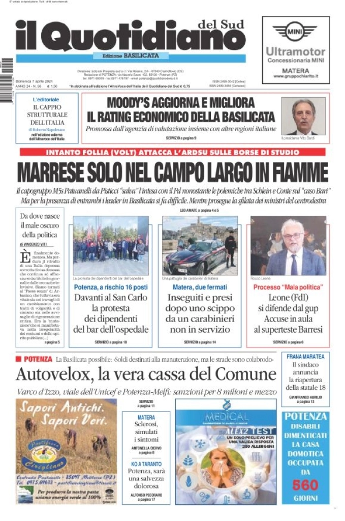 prima pagina - Il Quotidiano del Sud (Basilicata) del 07/04/2024