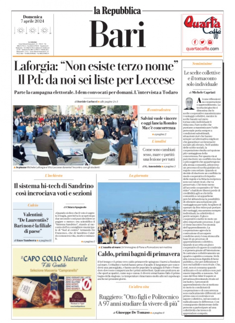 prima pagina - La Repubblica (Bari) del 07/04/2024