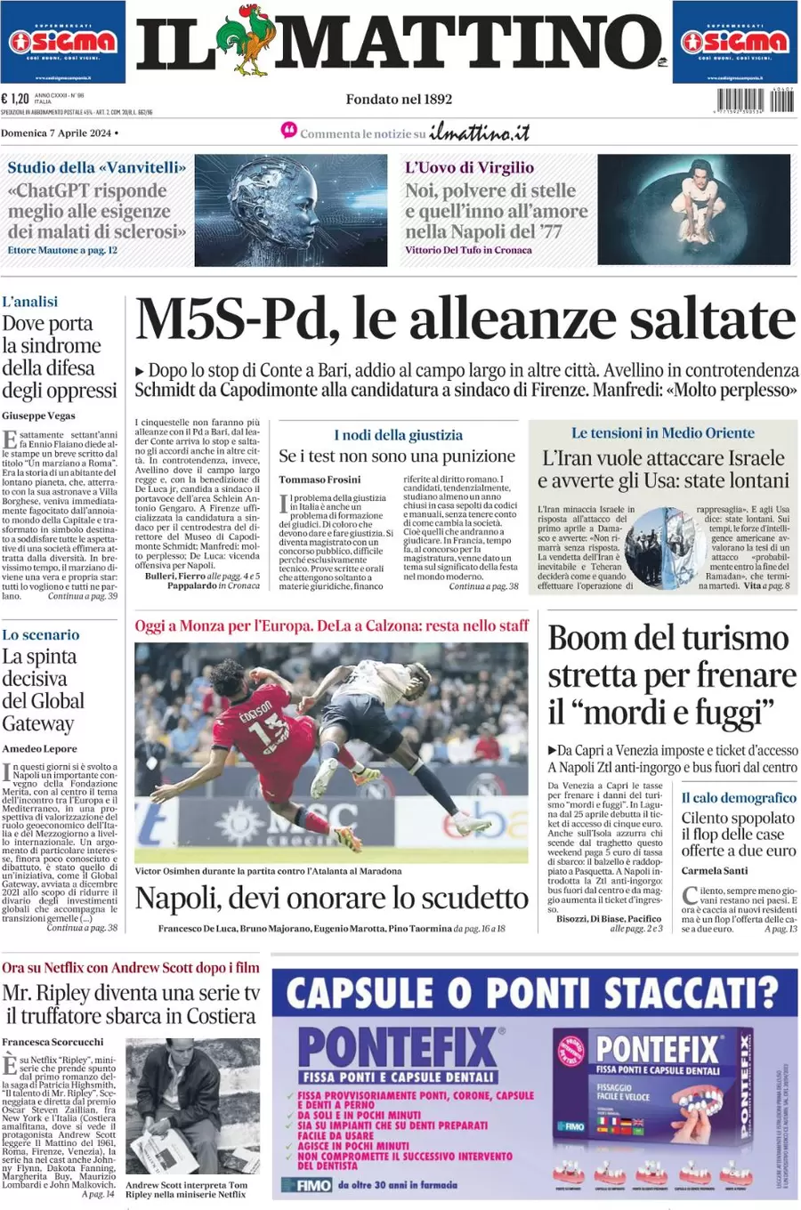 anteprima della prima pagina di il-mattino del 07/04/2024