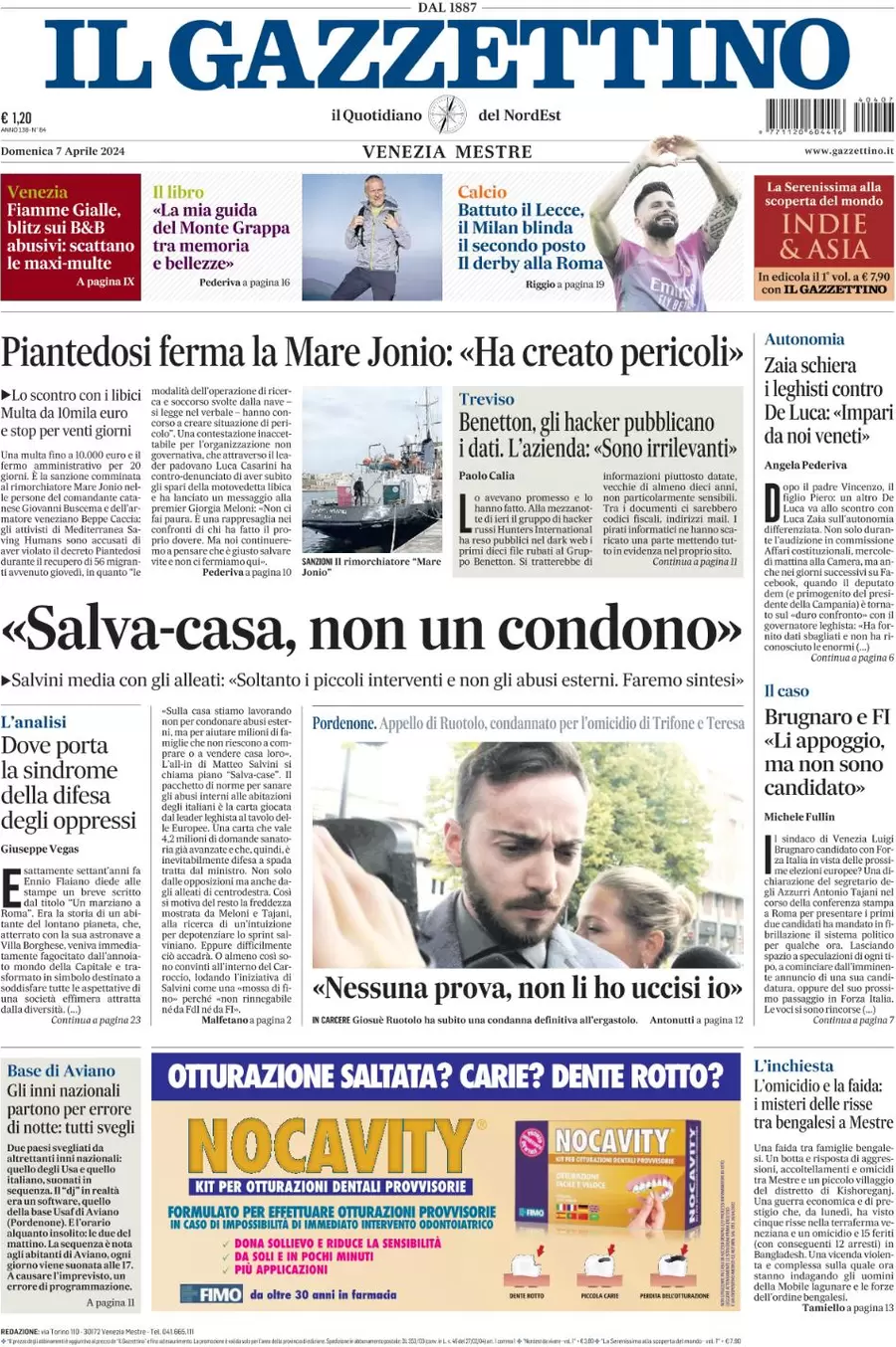 prima pagina - Il Gazzettino del 07/04/2024