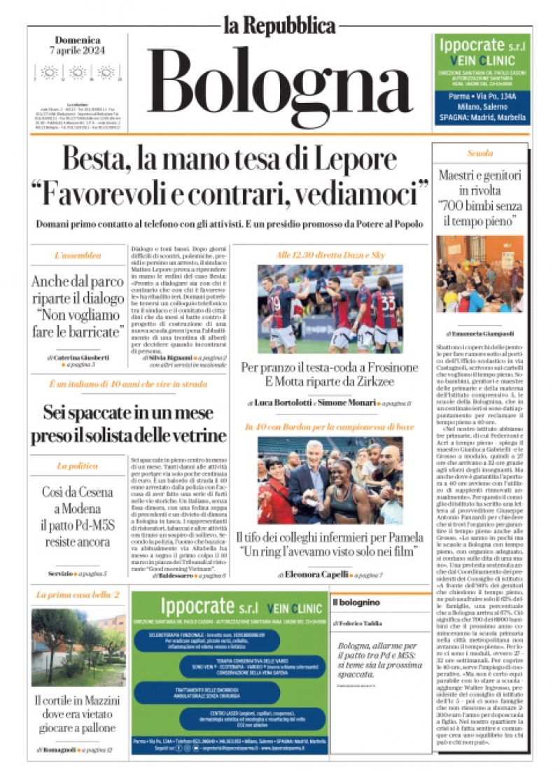 prima pagina - La Repubblica (Bologna) del 07/04/2024