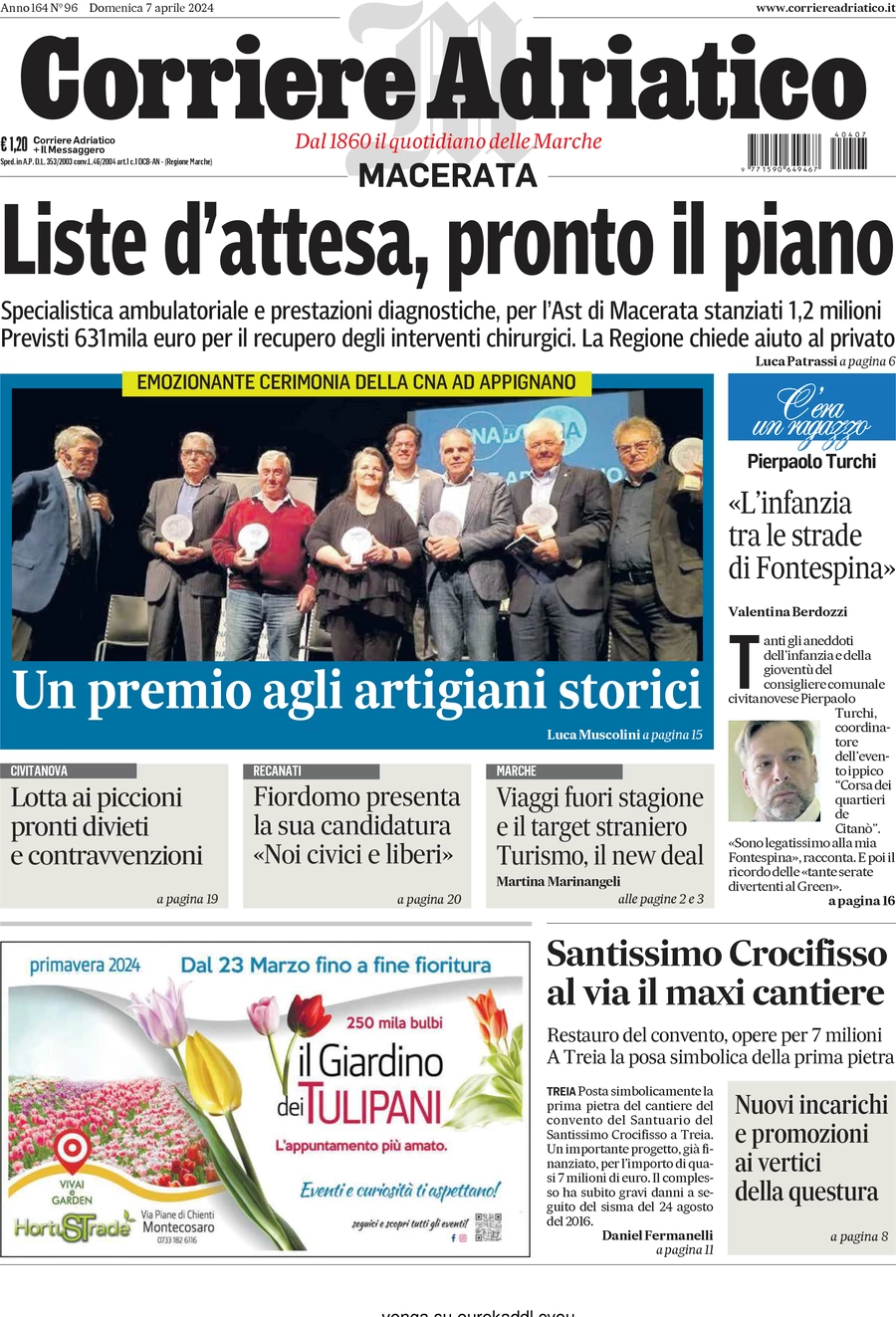prima pagina - Corriere Adriatico (Macerata) del 07/04/2024