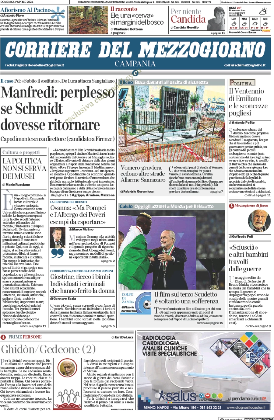 prima pagina - Corriere del Mezzogiorno (Campania) del 07/04/2024