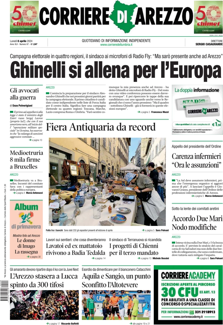 prima pagina - Corriere di Arezzo del 08/04/2024