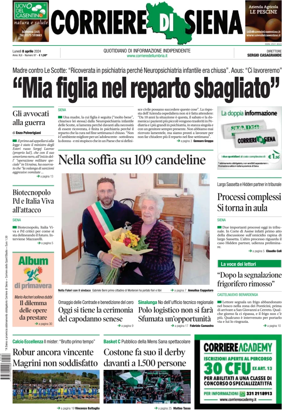 prima pagina - Corriere di Siena del 08/04/2024