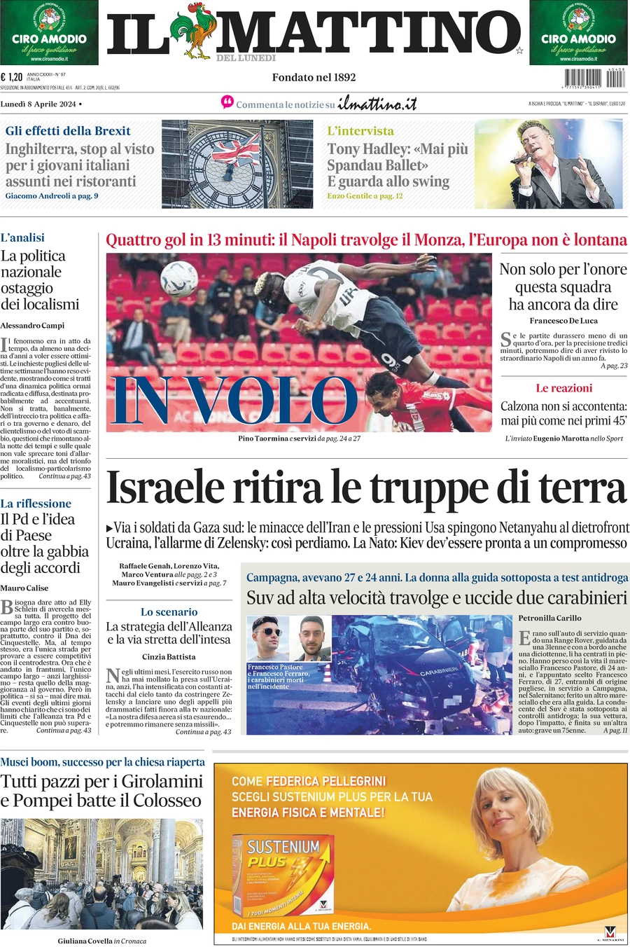 anteprima della prima pagina di il-mattino del 08/04/2024