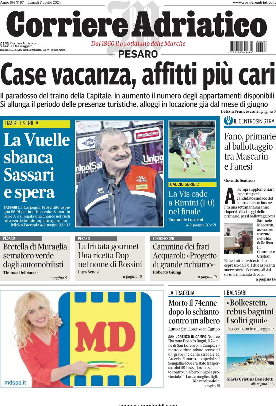 prima pagina - Corriere Adriatico (Pesaro) del 08/04/2024