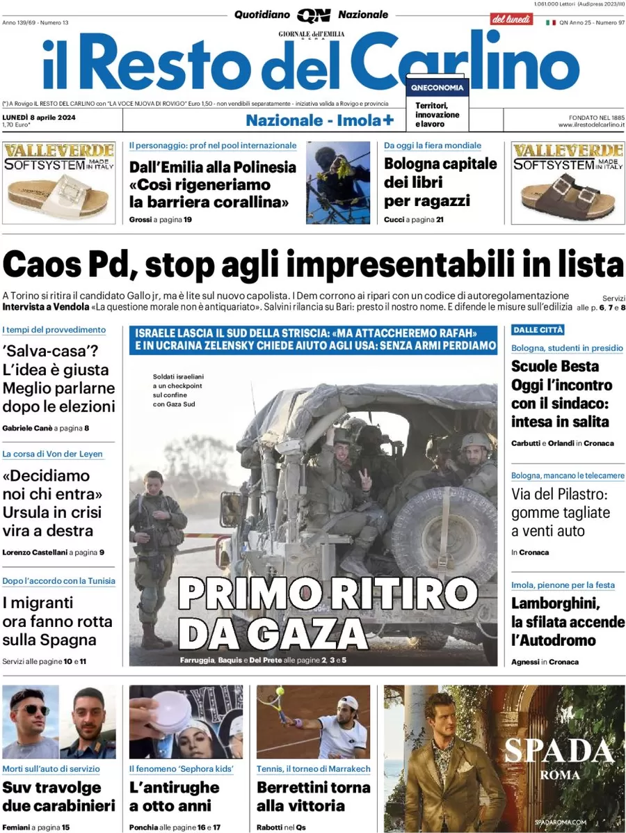 prima pagina - Il Resto del Carlino del 08/04/2024