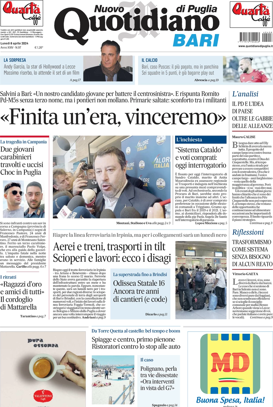 prima pagina - Nuovo Quotidiano di Puglia (Bari) del 08/04/2024