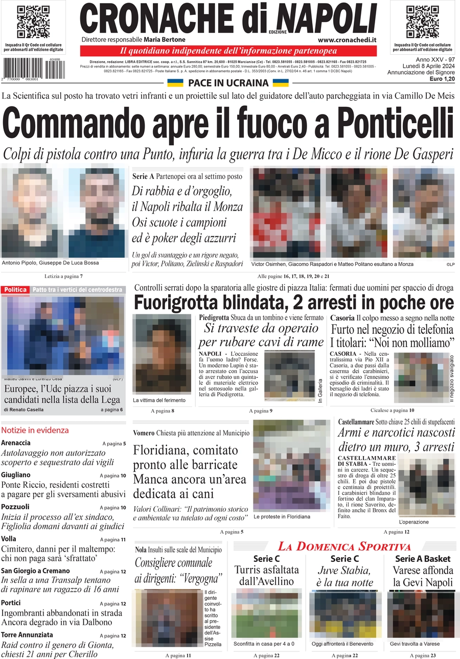 anteprima della prima pagina di cronache-di-napoli del 08/04/2024