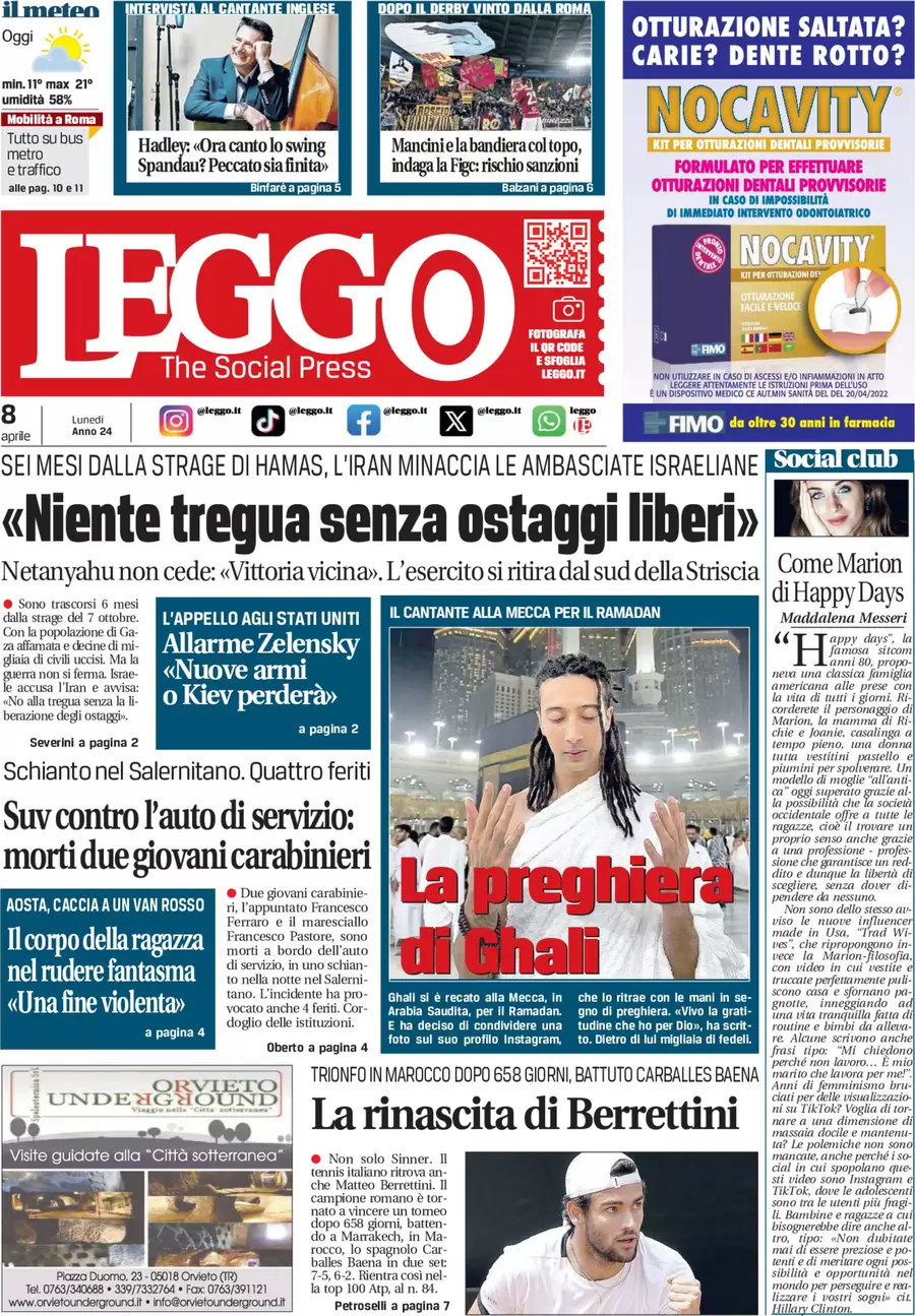 anteprima della prima pagina di leggo-roma del 08/04/2024