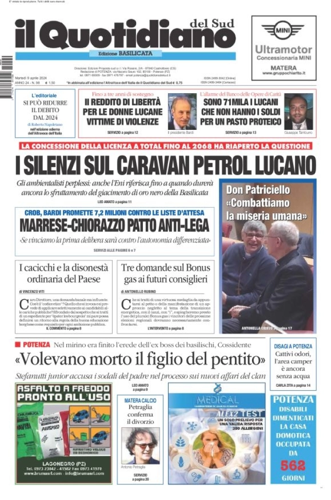 prima pagina - Il Quotidiano del Sud (Basilicata) del 09/04/2024