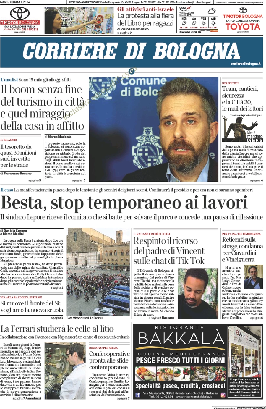 prima pagina - Corriere di Bologna del 09/04/2024