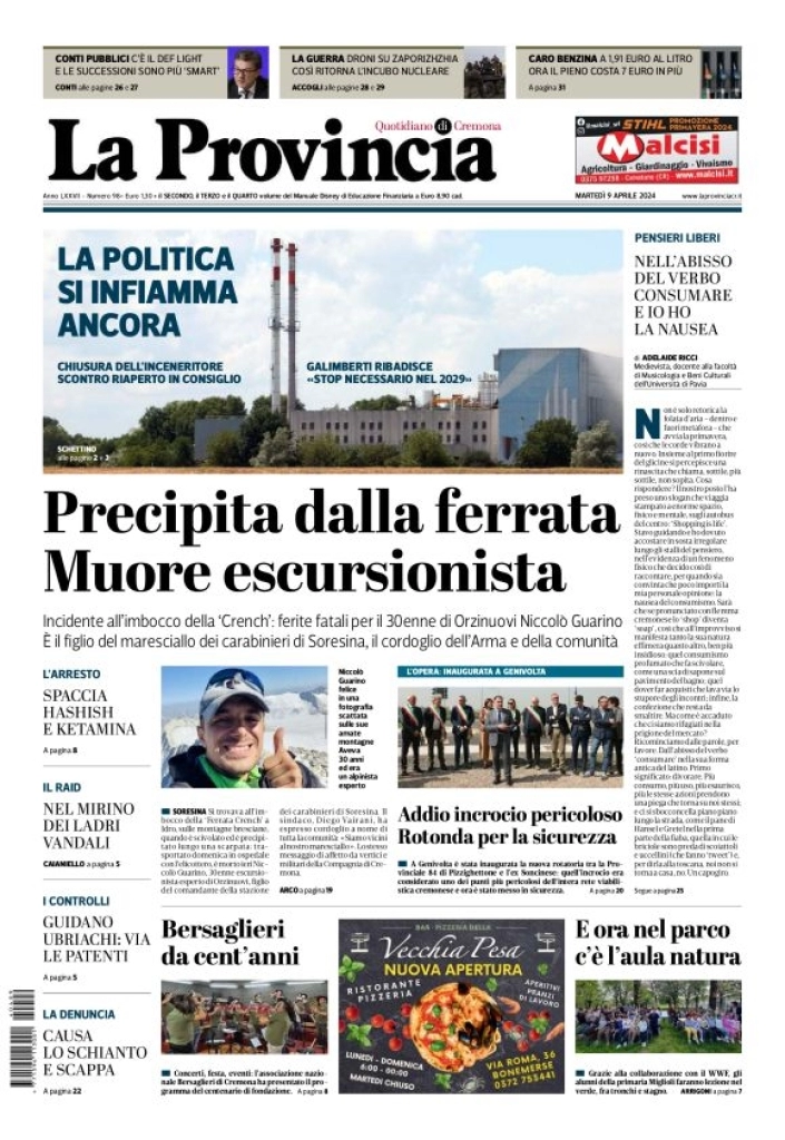 prima pagina - La Provincia di Cremona del 09/04/2024
