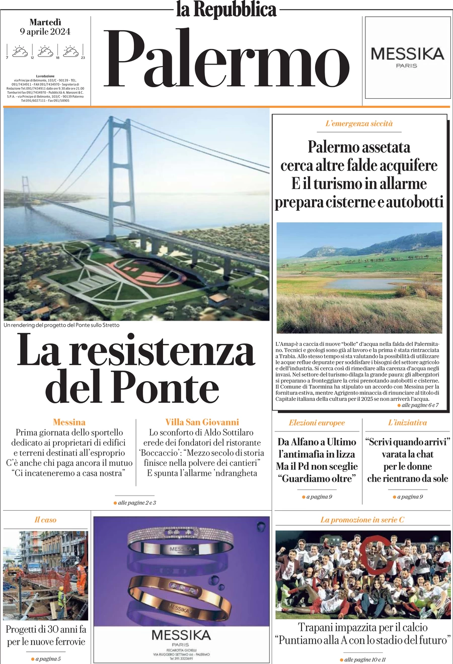 prima pagina - La Repubblica (Palermo) del 09/04/2024