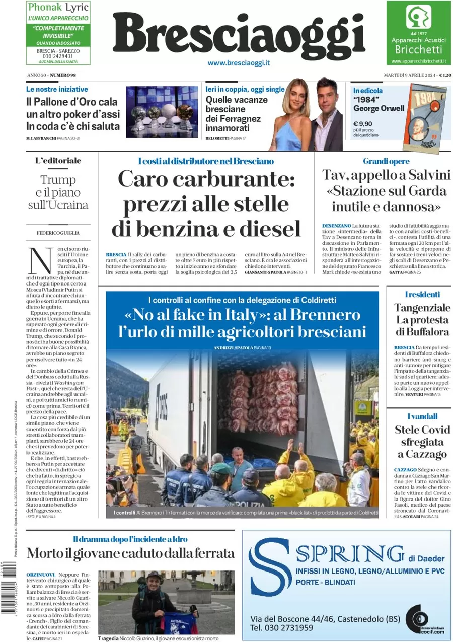 prima pagina - Brescia Oggi del 09/04/2024