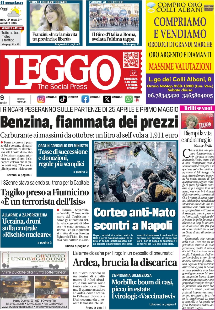 anteprima della prima pagina di leggo-roma del 09/04/2024