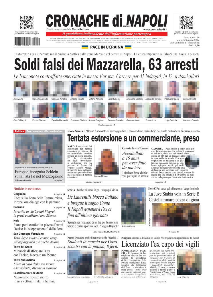 anteprima della prima pagina di cronache-di-napoli del 09/04/2024