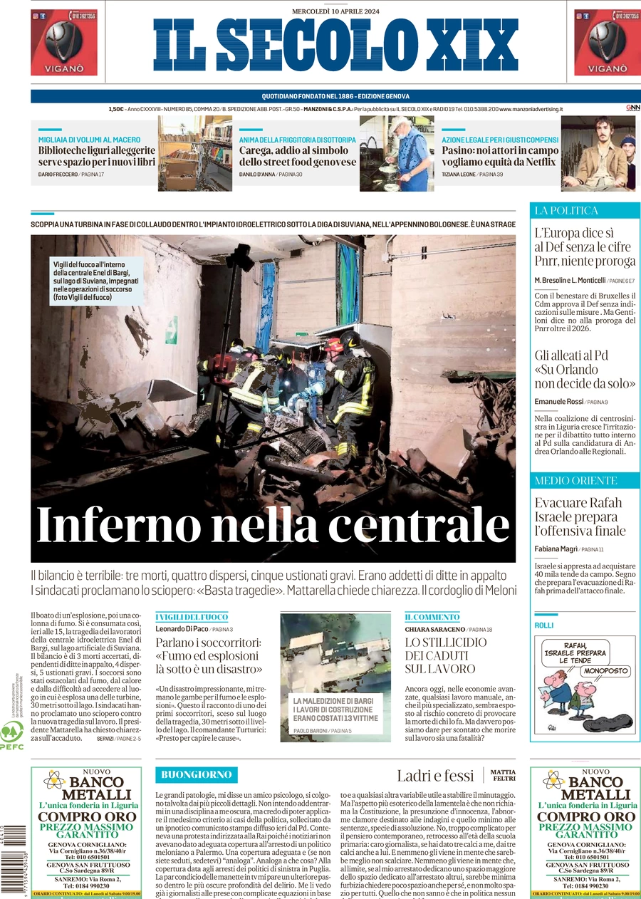 prima pagina - Il Secolo XIX del 10/04/2024