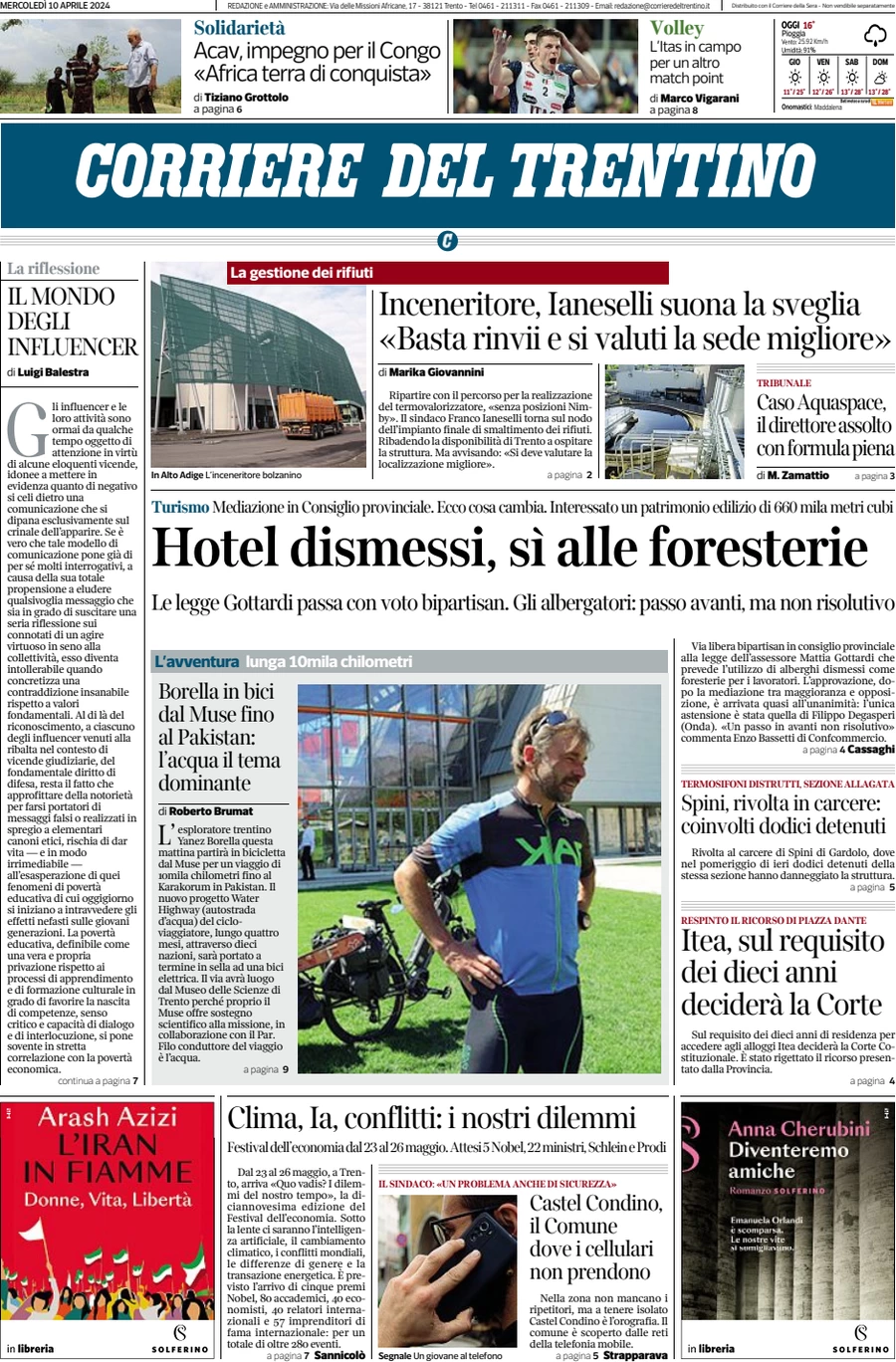prima pagina - Corriere del Trentino del 10/04/2024