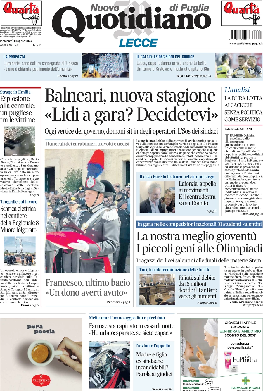 prima pagina - Nuovo Quotidiano di Puglia (Lecce) del 10/04/2024