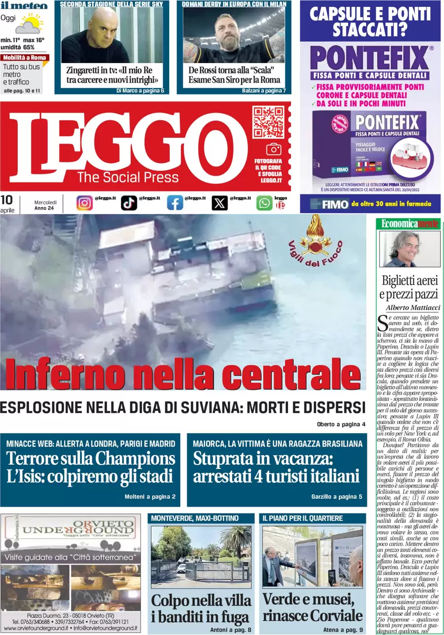 anteprima della prima pagina di leggo-roma del 10/04/2024