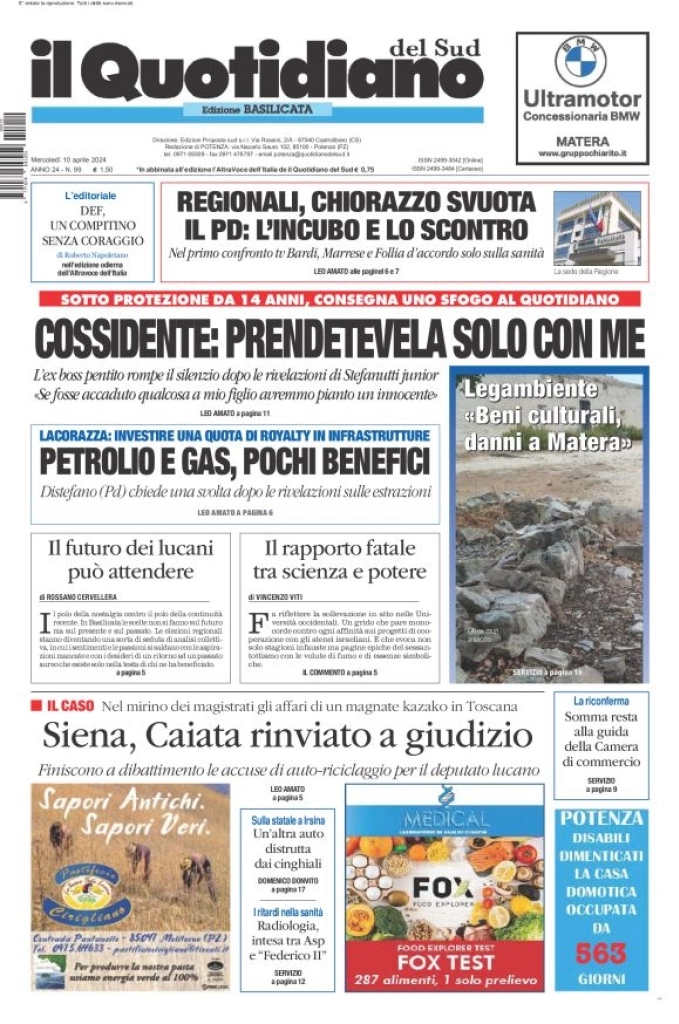 prima pagina - Il Quotidiano del Sud (Basilicata) del 10/04/2024