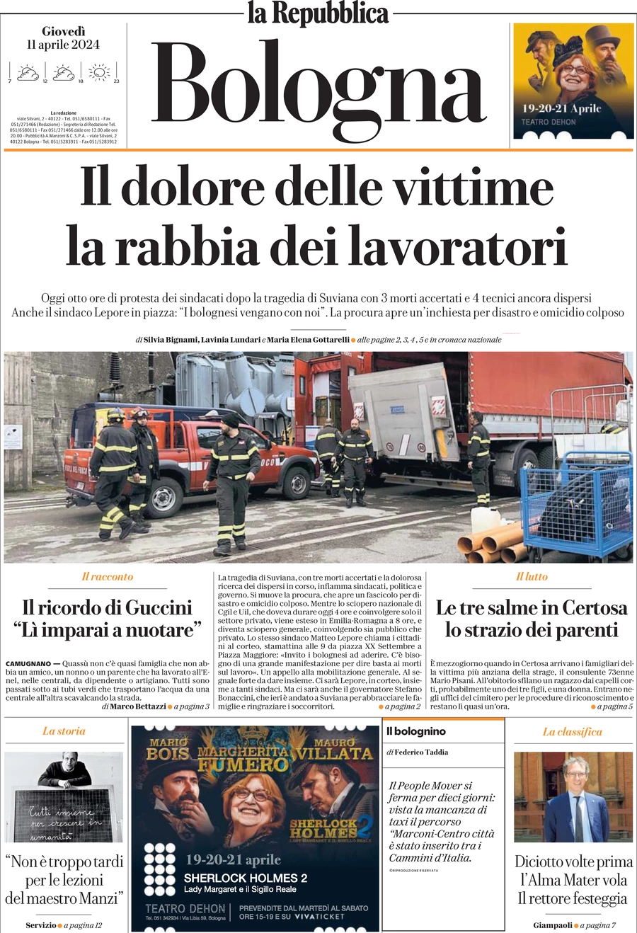 prima pagina - La Repubblica (Bologna) del 11/04/2024