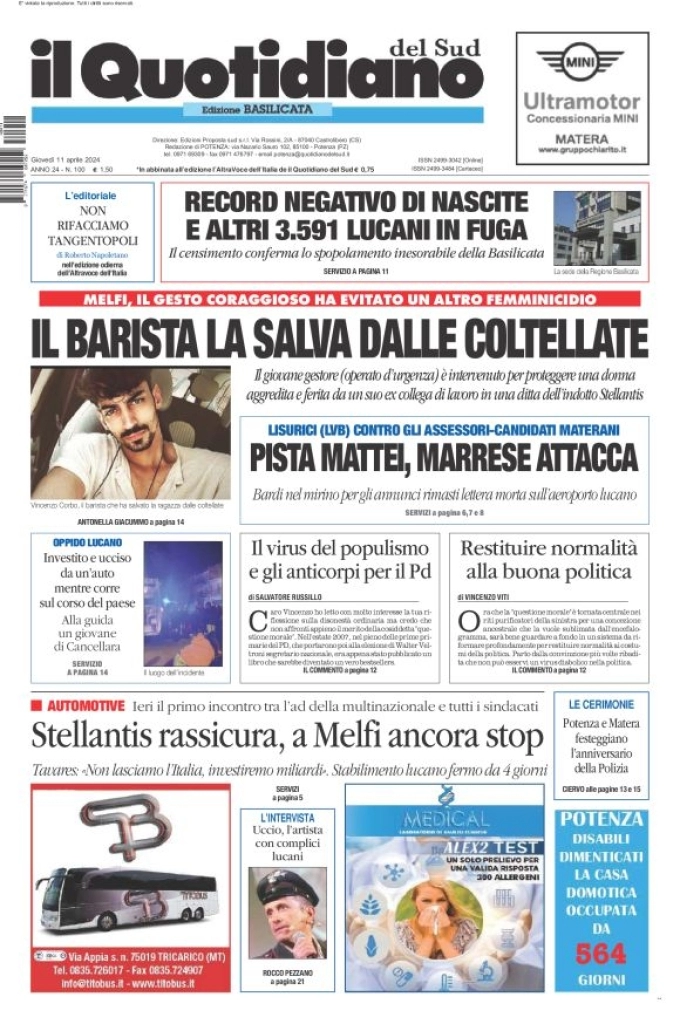 prima pagina - Il Quotidiano del Sud (Basilicata) del 11/04/2024